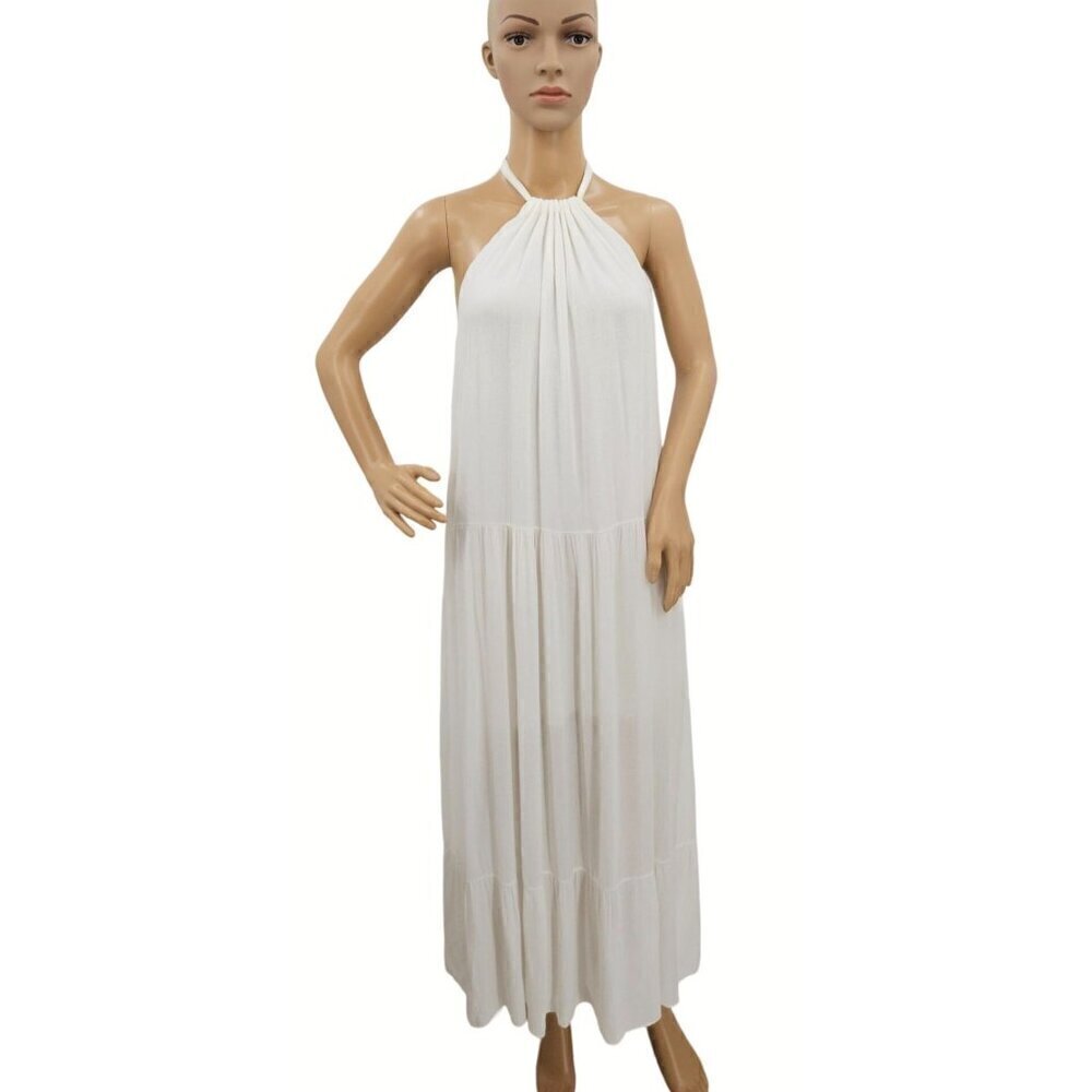Francescas White Maxi Dress Sz M Tier Halter Open Back Lined Charlotte Avery NEW - Picture 11 of 12